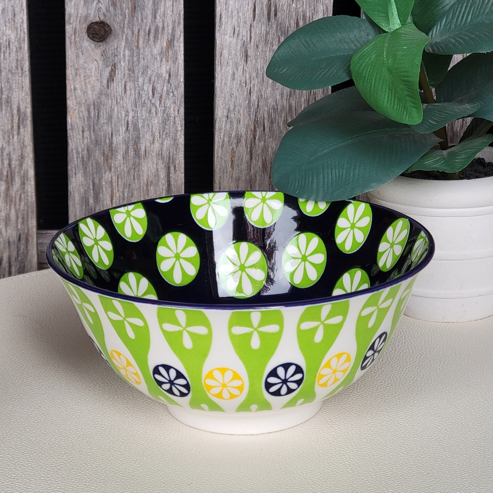 Cerified International Geometric Patterned Ceramic Bowl Green Navy Yellow - Picture 5 of 7